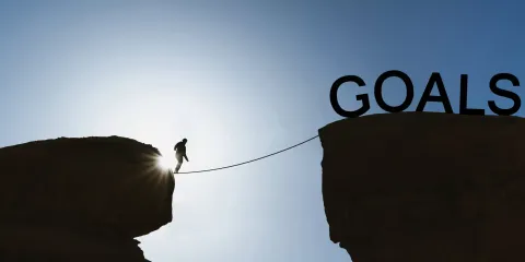 A person is climbing to reach the word 'Goals'.